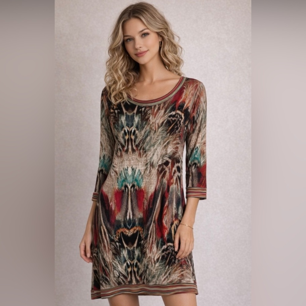 A13 Calvin Klein Multicolor Patterned Tunic Dress 3/4 sleeve feather abstract